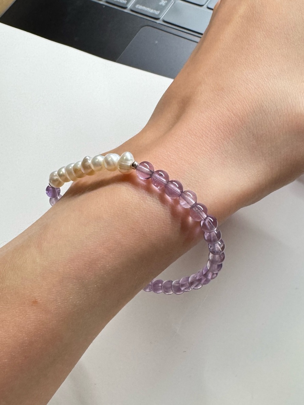 Amethyst Lavender and Cream Beaded Pearl Bracelet - Women Jewelry